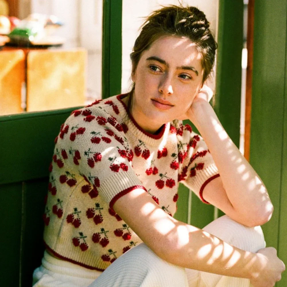 Cider Contrasting Binding Cherry Pattern Knitted Crop Top - Picture 2 of 7